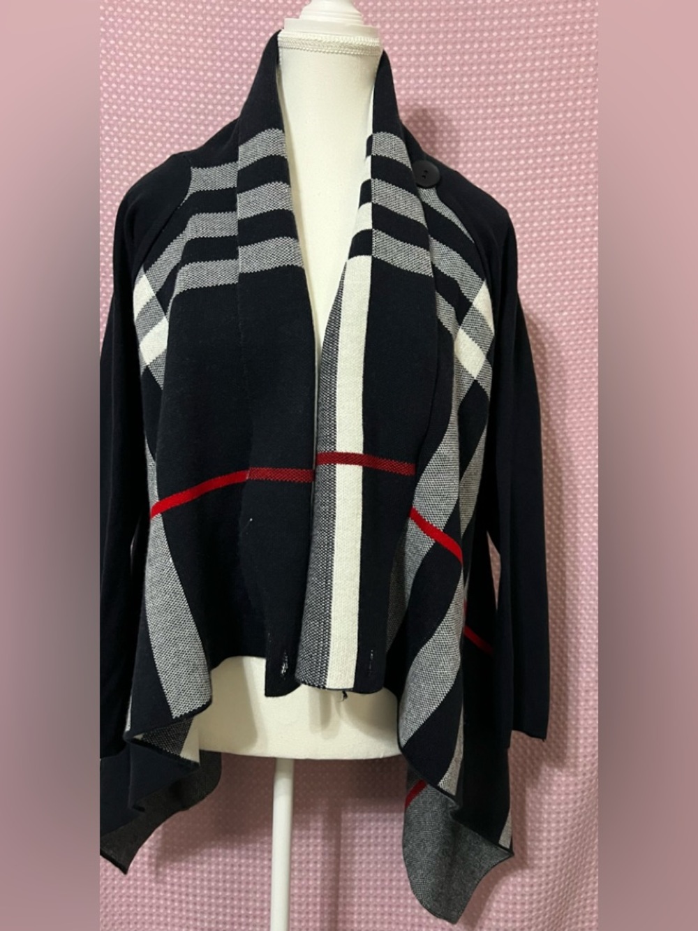 Open-Front Plaid Shawl Cardigan with Red Stripe Accent - Women's Sweater